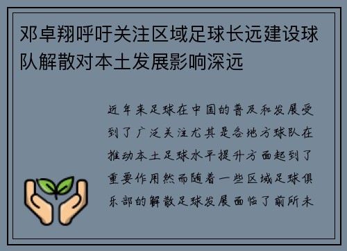 邓卓翔呼吁关注区域足球长远建设球队解散对本土发展影响深远